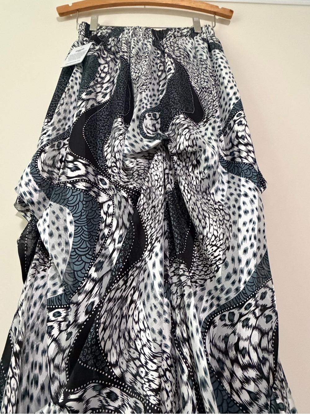 Boho Flowy Teal Black & White Abstract Handkerchief Maxi Skirt - Picture 9 of 15